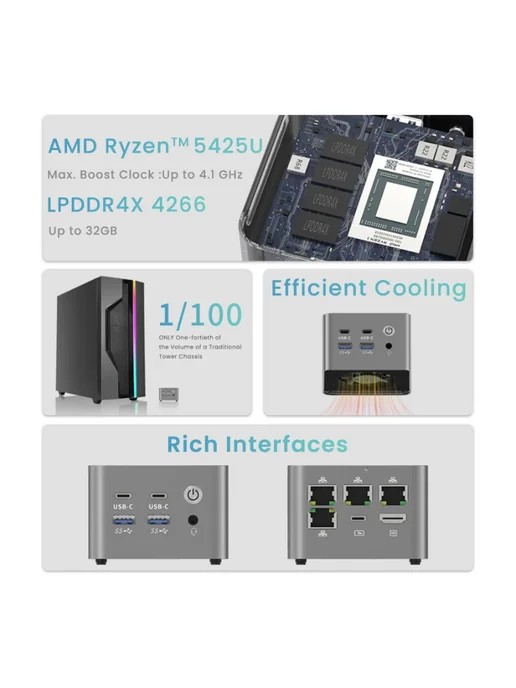 мини-пк amd r5-5425u 8гб озу на плате без ssd, 8 ГБ, фото 2
