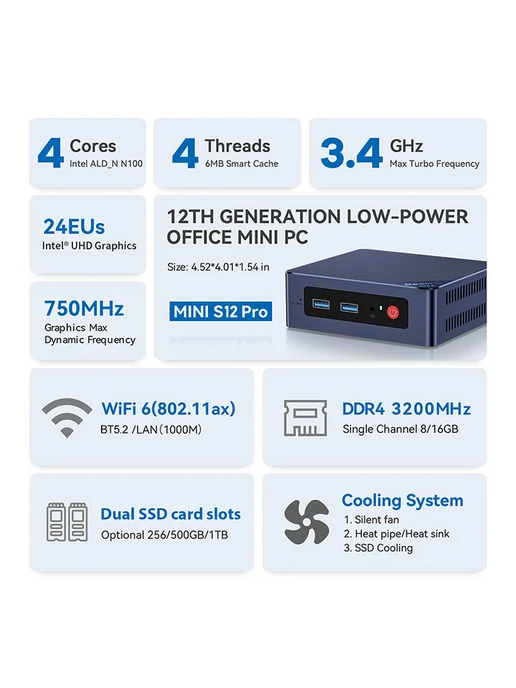 Beelink Мини ПК MINI S12 PRO Intel N100, 16ГБ+500 ГБ, 16 ГБ, 512 ГБ, фото 5