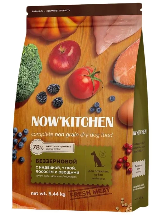 Сухой корм NOW'KITCHEN для собак, пожилые, индейка, лосось, утка, 5,44 кг