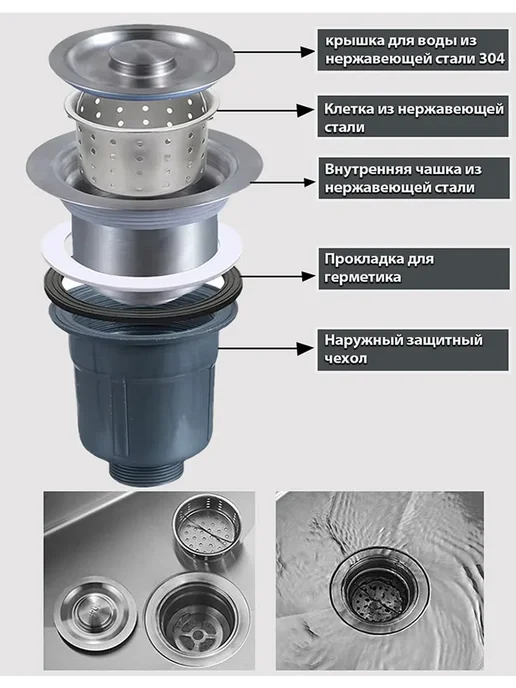 Warwolf Мойка для кухни нержавеющей стали с сифоном 500x500mm, вариант, фото 7
