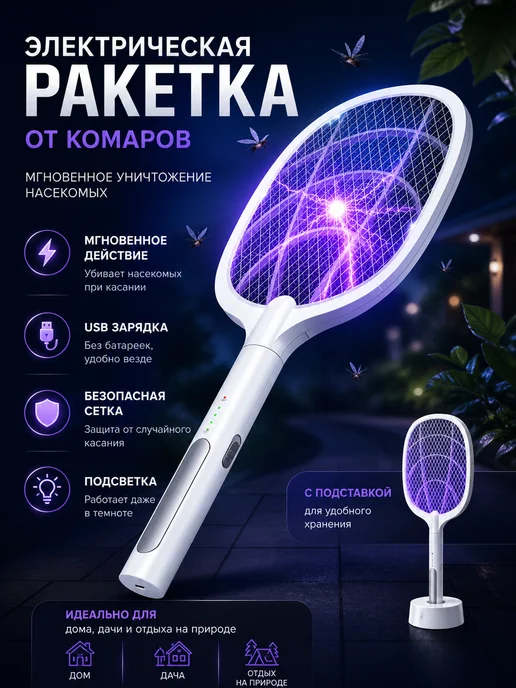 House & Home Электрическая мухобойка ракетка от насекомых, белый