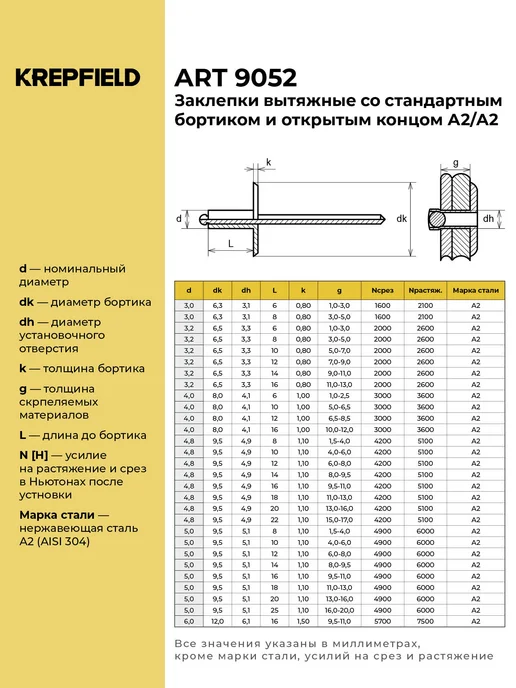 KREPFIELD Заклепка вытяжная Нержавеющая 6Х16 A2 50 шт, 6x16, 50 шт, фото 2