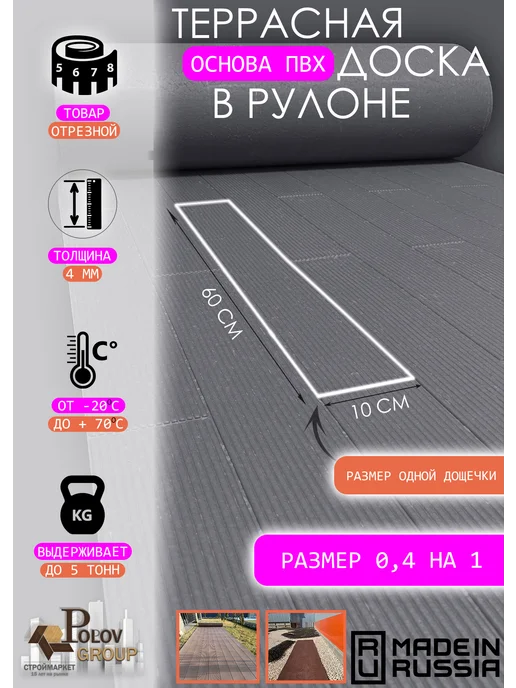 Нет бренда Покрытие-ПВХ ТЕРРАСНАЯ ДОСКА в рулоне 0,6м на 1,5м, 0,4 м, 1 м