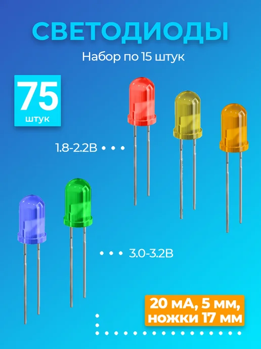 GSMIN Набор светодиодов LED, 20мА, 5мм, ножки 17мм, 75 штук, синий