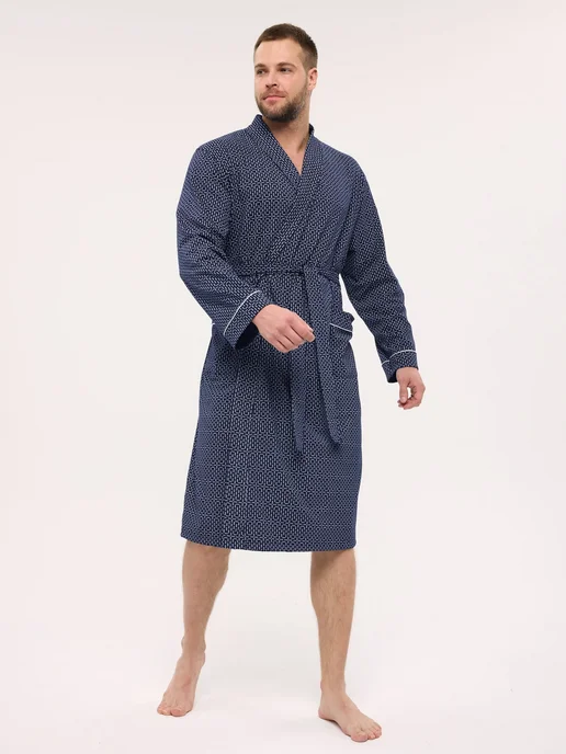 DOMINI STORE Халат хлопковый тонкий для дома для бани, синий, фото 3
