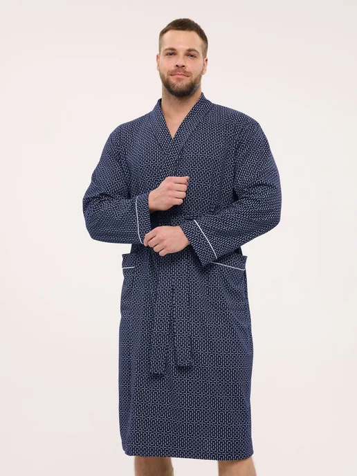 DOMINI STORE Халат хлопковый тонкий для дома для бани, синий, фото 5