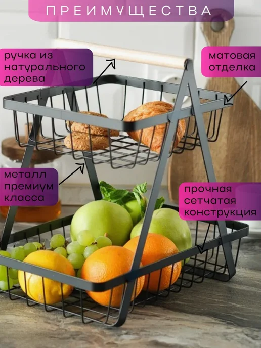 AYMAN Market Ваза для фруктов металлическая двухуровневая фруктовница, черный, фото 2
