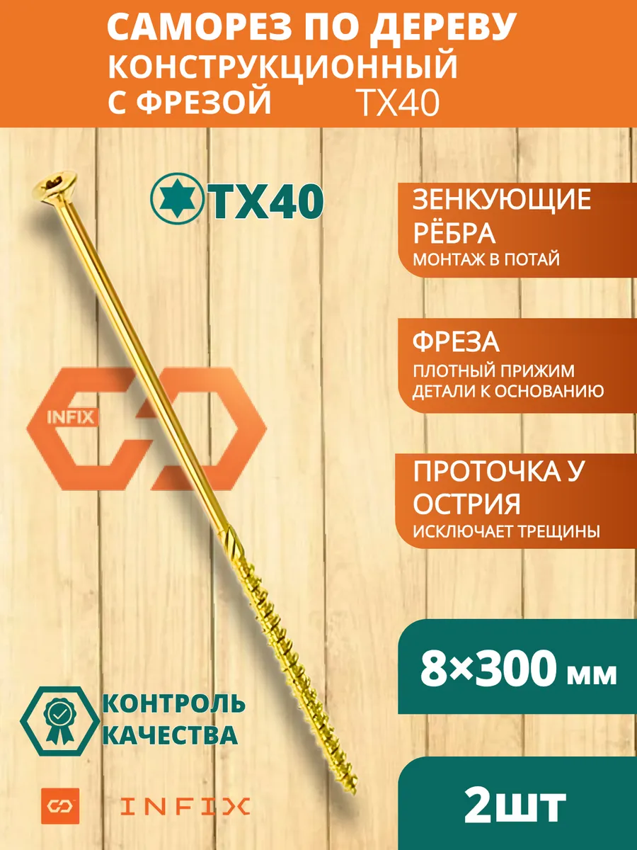 Саморезы по дереву с фрезой 8х300 желтый цинк TX40 (2 шт)