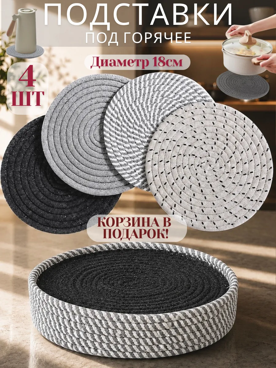 Подставка под горячее и для посуды круглая, 4 шт
