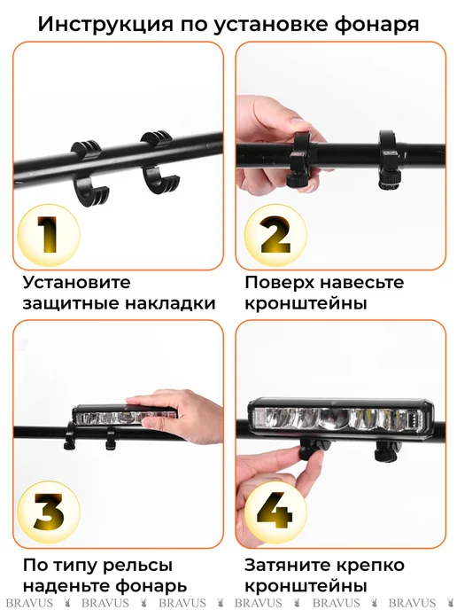 Bravus Фонарь на рельсе для велосипеда аккумуляторный USB фара LED, черный, фото 5
