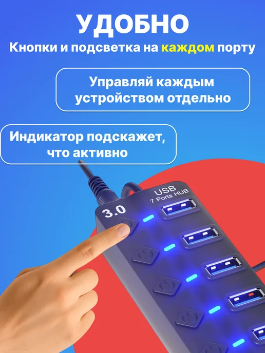 GSMIN USB - концентратор на 7 портов с выключателем, черный, фото 4
