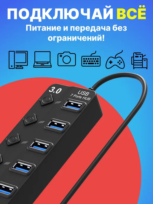 GSMIN USB - концентратор на 7 портов с выключателем, черный, фото 5