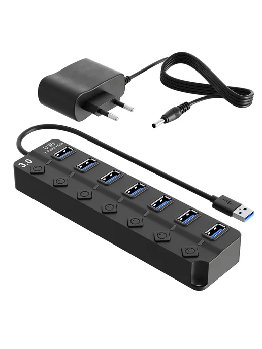 GSMIN USB - концентратор на 7 портов с выключателем, черный, фото 7