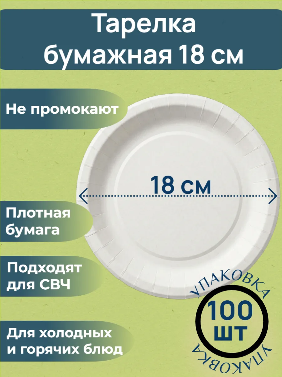 Бумажные тарелки одноразовые 18 см в наборе 100 штук