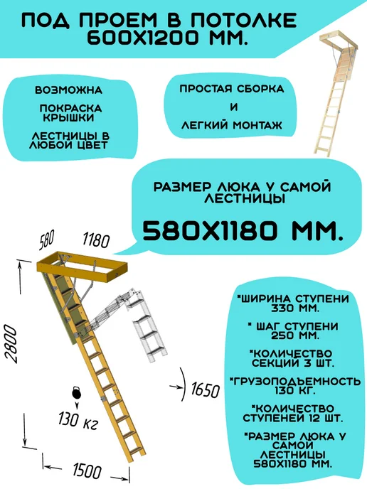 Лесенка М Лестница чердачная с люком деревянная, желтый, фото 3