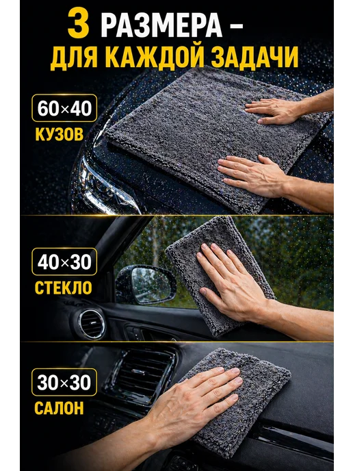 МИКРОФИБРА ДЛЯ АВТО Микрофибра для сушки автомобиля мойки без разводов набор, черный, фото 2