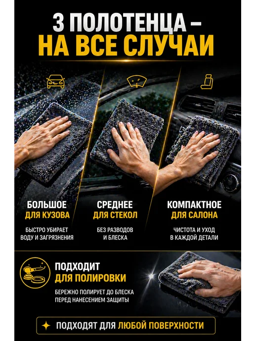 МИКРОФИБРА ДЛЯ АВТО Микрофибра для сушки автомобиля мойки без разводов набор, черный, фото 4