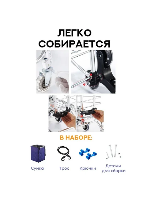 Сумка-тележка складная для покупок серо-синяя, синий, фото 2