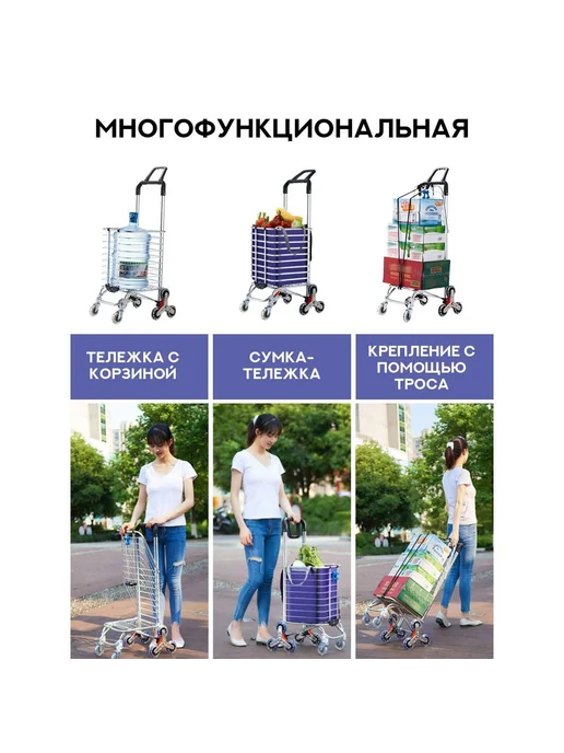 Сумка-тележка складная для покупок серо-синяя, синий, фото 3
