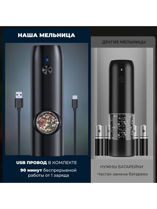 Электрическая мельница для специй Черный матовый, черный, фото 6