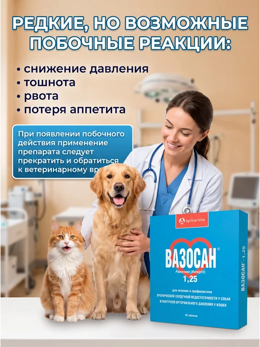 apicenna Вазосан 1,25 для собак и кошек, 30 таблеток, вариант, фото 7