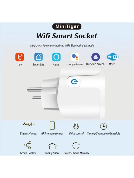 Умная розетка WiFi Tuya Алиса Google 16A, вариант, фото 6