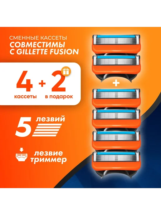 Сменные кассеты Fusion 5 для бритья 6 шт, 6 шт