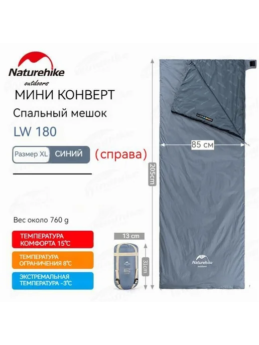 Naturehike Спальный мешок 205 см XL-синий 205см Справа, синий