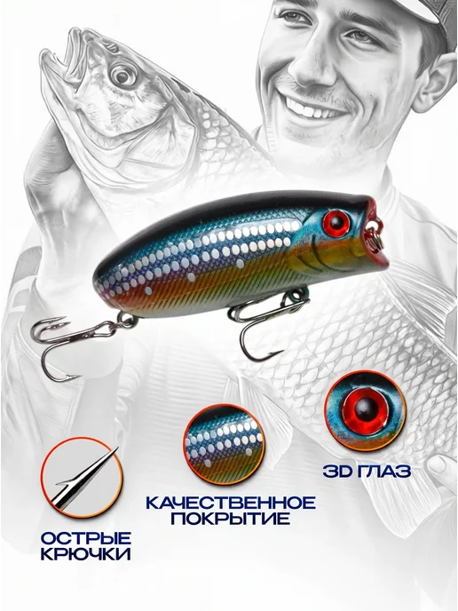 FLIP FISH Набор воблеров для рыбалки поппер на щуку, судака и окуня, синий, фото 7