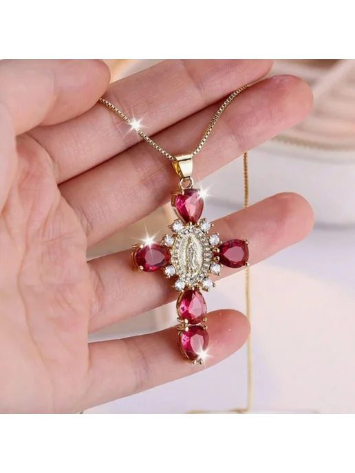 DONGIA Колье с крестом Богородицы розовый Pink, розовый, фото 7