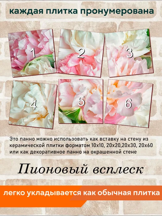 fres-co Панно из керамической плитки Пионовый всплеск 10х10, 20x20, фото 4