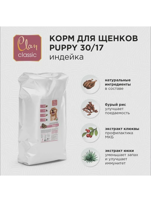 Сухой корм Clan Classic для собак, крупные, средние, щенки, индейка, 10 кг, фото 2