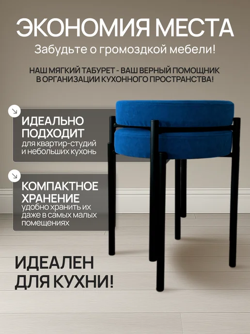 Комплект табуретов для кухни из 2 штук, синий, фото 2