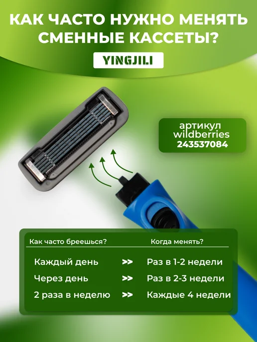 Yingjili Бритва мужская многоразовая станок для бритья с 2 кассетами, синий, фото 8