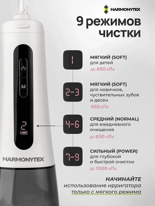 harmonytex Ирригатор для зубов и полости рта портативный с дисплеем, белый, фото 3