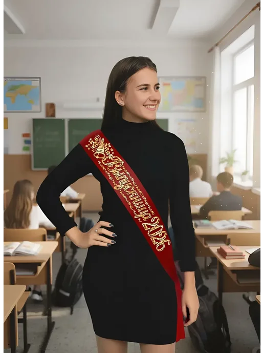 Macline Лента выпускницы 2026 атласная школьная Полноцветная печать, красный, фото 2