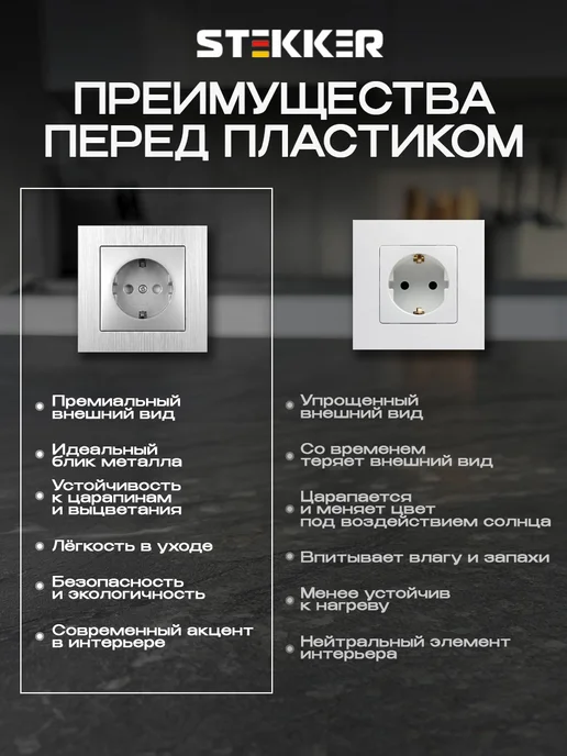 STEKKER Розетка одинарная с заземлением металлическая встраиваемая, серый, фото 3