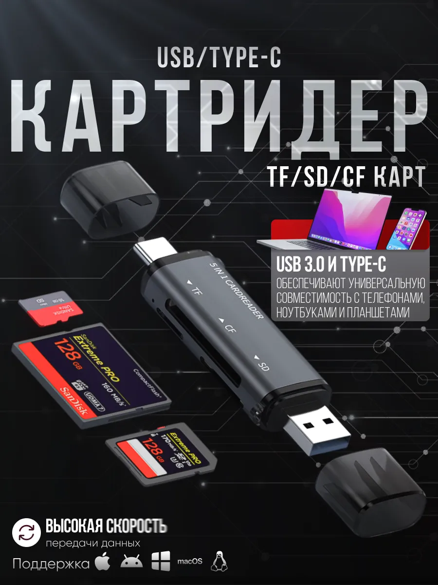 Универсальный кардридер USB-А/Type-C SD, TF, CF