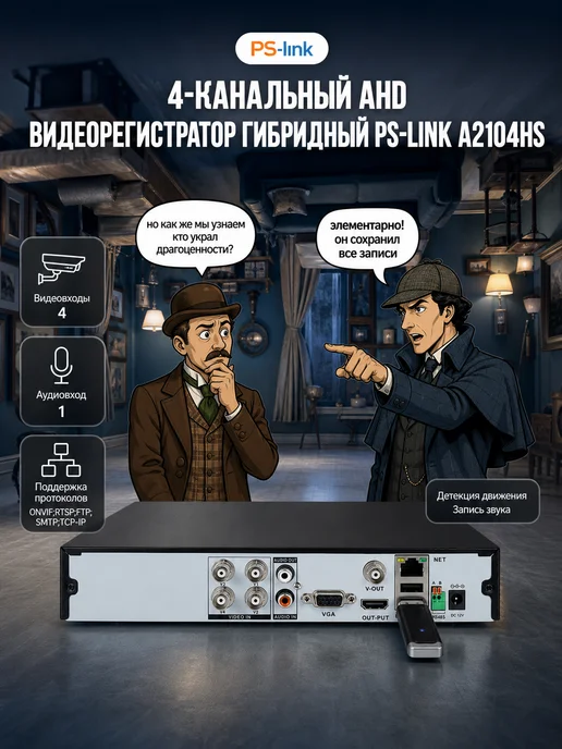 Ps-Link 4 канальный AHD регистратор гибридный A2104HS, черный