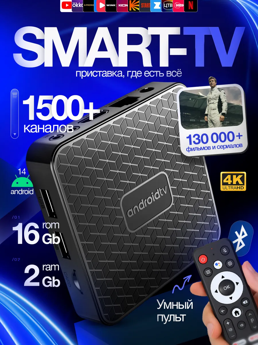 Смарт ТВ приставка с пультом Android, 4К, Wi-Fi