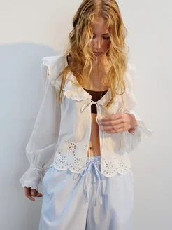 Блузка хлопковая ажурная с завязками Befree 411818972 купить за 3 276 ₽ в интернет‑магазине Wildberries