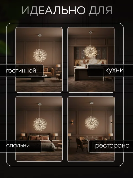 TechPulse Люстра светодиодная подвесная хрустальная одуванчик в зал, белый, фото 2