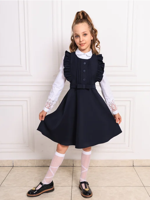 AmirKhan Kids Школьный сарафан рюша, синий, фото 3