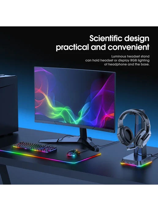 Нет бренда Подставка для наушников с RGB подсветкой и USB выходами, черный, фото 4