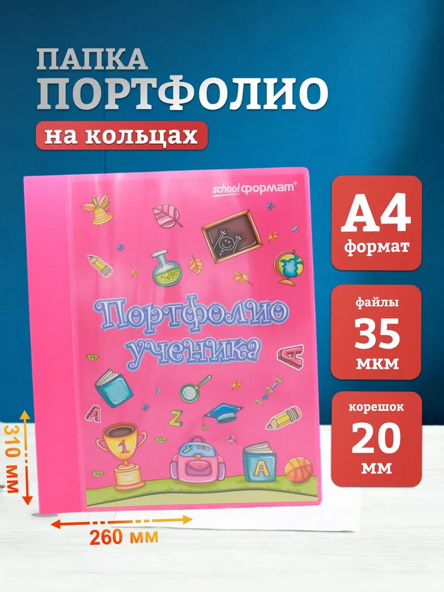 Папка портфолио ученика А4 20 файлов на кольцах
