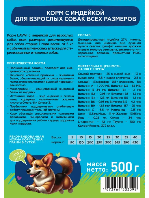 Сухой корм LAVVI для собак, индейка, 0,5 кг, фото 3