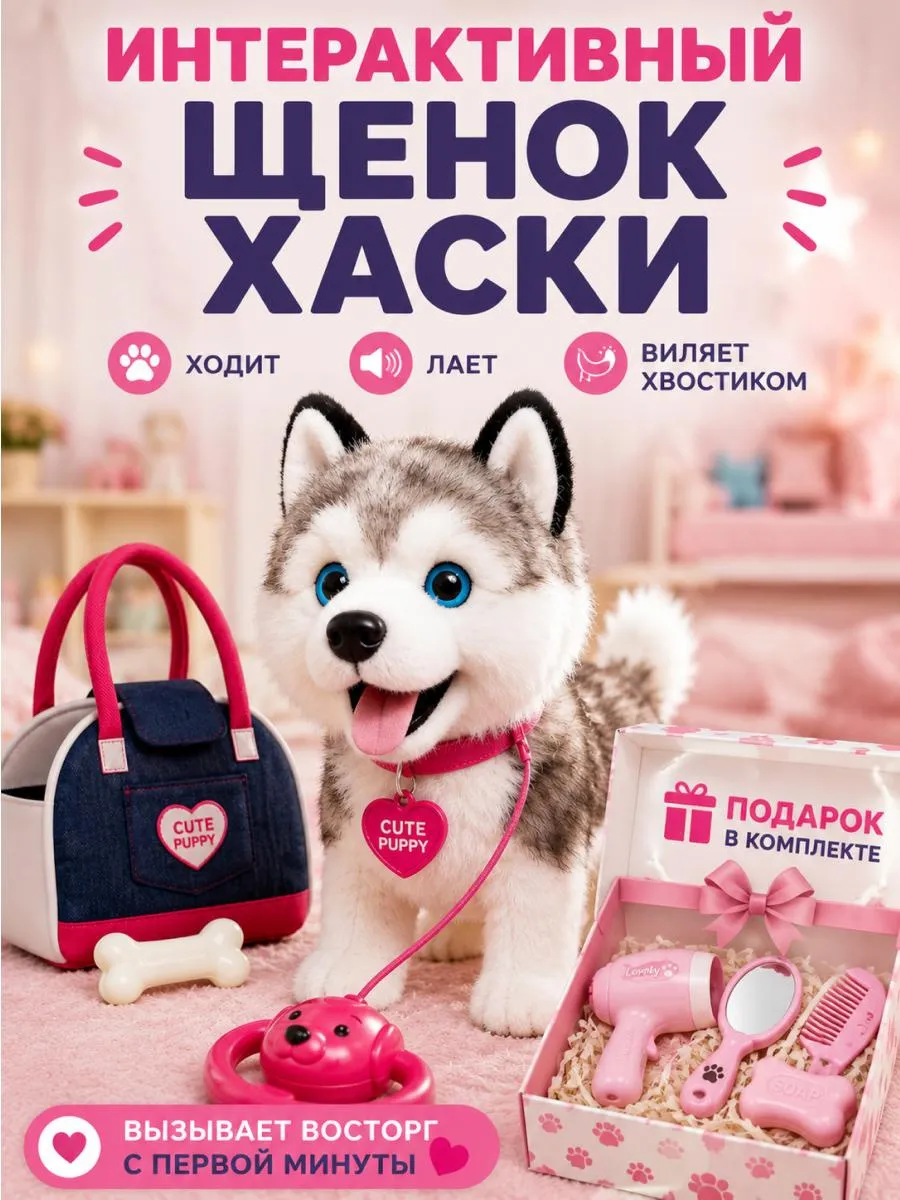 Интерактивная игрушка собака умный хаски на поводке с сумкой